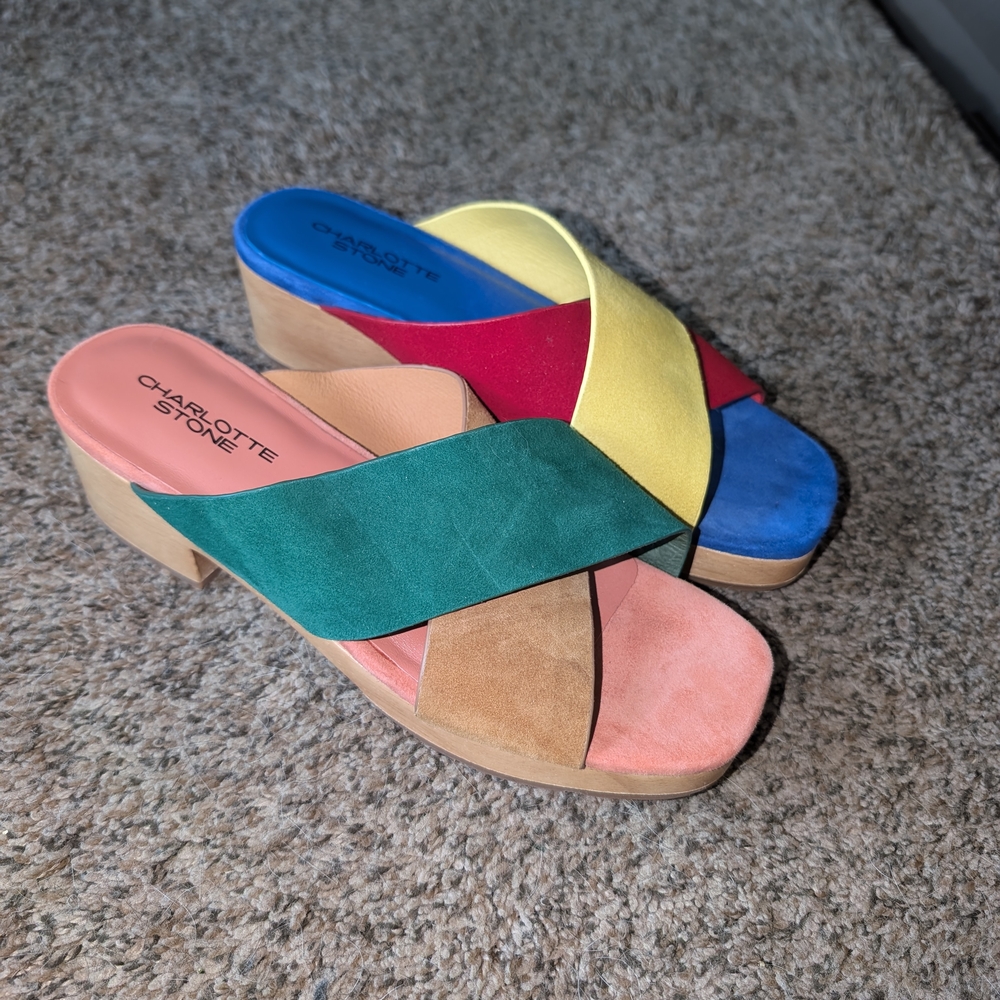 Charlotte Stone Red and Yellow Mules with Crisscross Straps